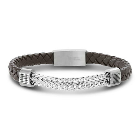 Steel Evolution Brown Leather Wheat Link Magnetic Bracelet in Stainless Steel for Men