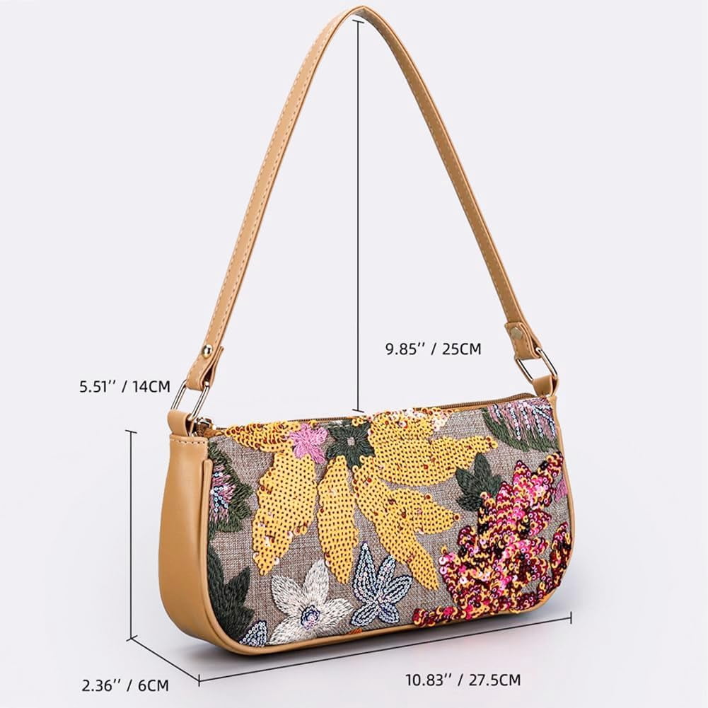 Women's Floral Embroidery Handbags Sequins Shoulder Bags Summer Party Handbags Glitter Underarm Backpacks