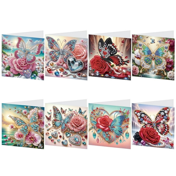 8 Pieces Flower Butterfly Diamond Art Painted Greeting Cards, 5D DIY Special Shape Diamond Creative Gifts, Greeting Card Sets Gifts Birthday Thanksgiving Greeting Card Congratulations