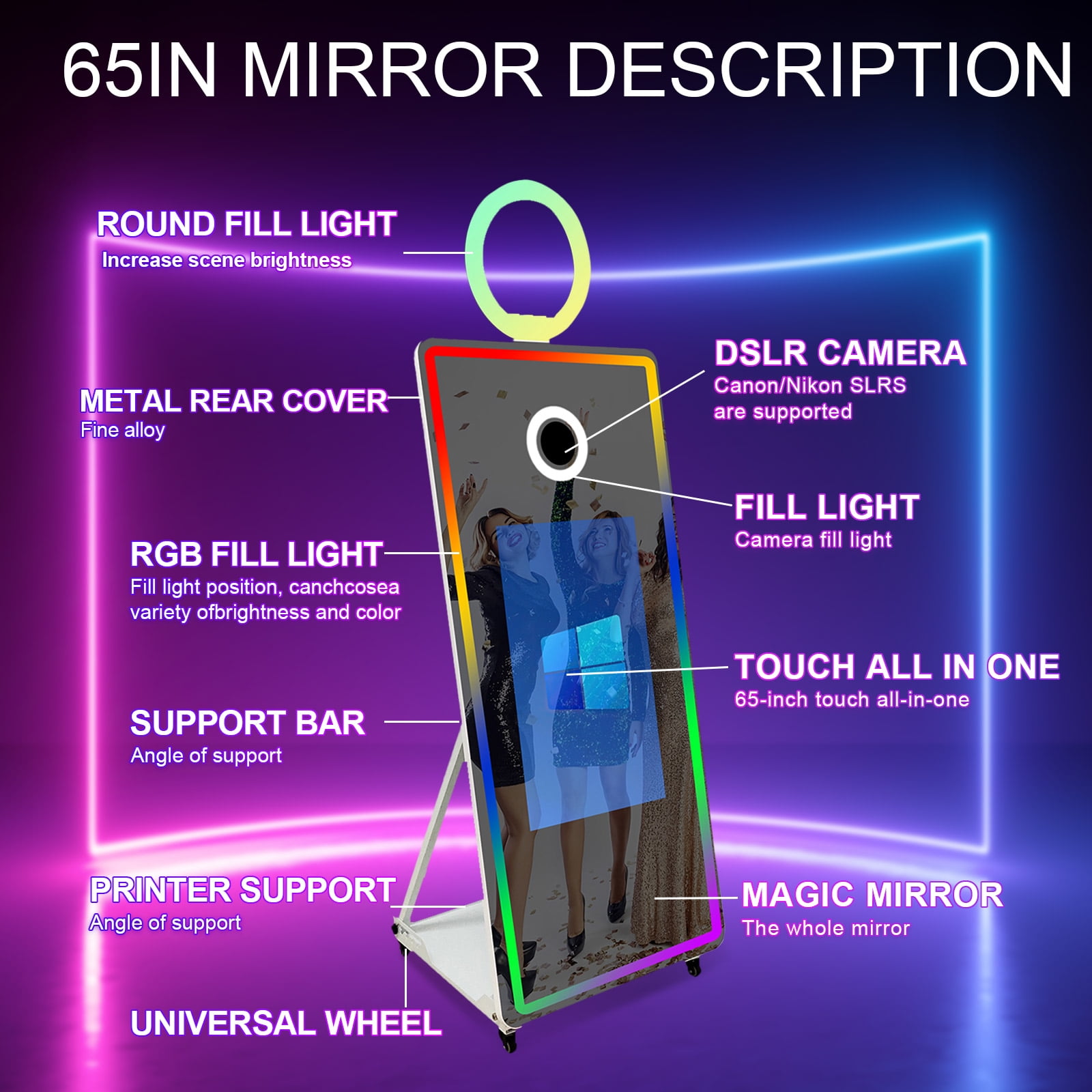 WideMeet 65''Portable Magic Mirror Photo Booth 32''Touch Screen with RGB Light Selfie Machine for Party