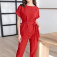 thumbnail image 4 of Birdeem Printemps et Été Femmes Élégant Bandage Uni Décontracté Manches Courtes Col Rond Blouses Hauts Ensembles Pantalons Longs, 4 of 12