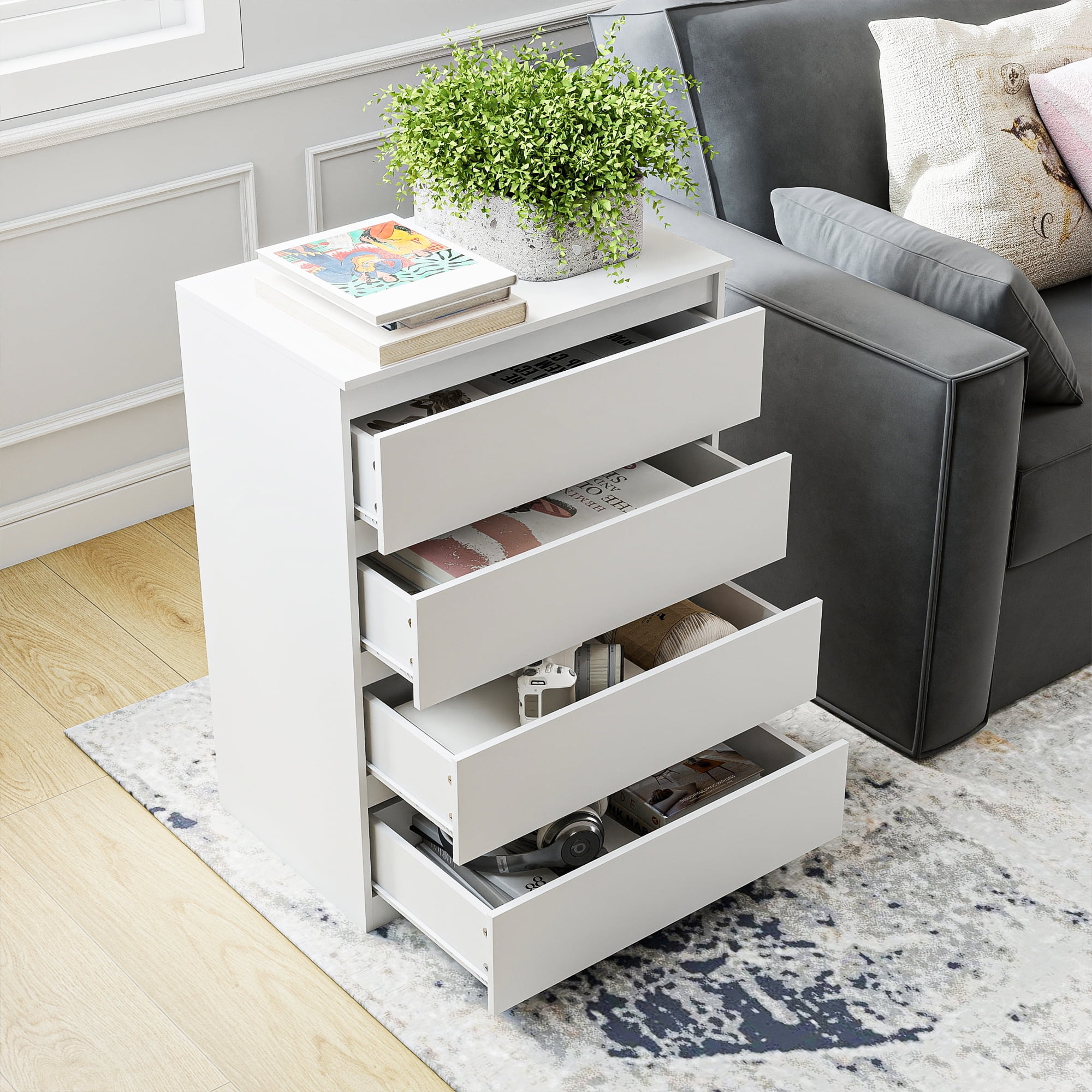 GVN Bedroom Dresser, Chest of Drawers, Modern Simple 4-Drawer Dresser for Bedroom, Living Room, White