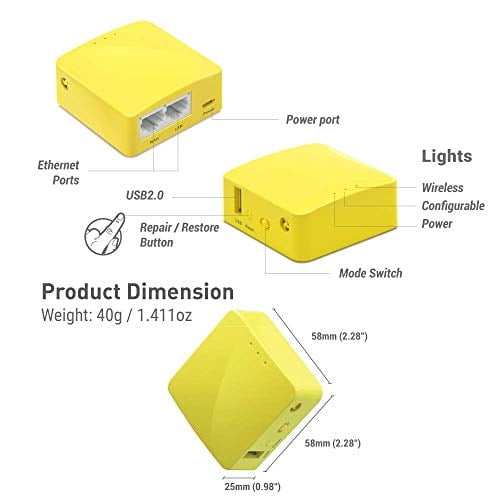 gl.inet gl-mt300n-v2 (mango) enrutador vpn de bolsillo inalámbrico por, router portátil color amarillo mango en vistas frontal y trasera con dos puertos Ethernet, puerto de alimentación, USB 2.0, botón de reparación/restablecer y conmutador de modo; dimensiones 58×58×25 mm, peso 40 g; a menudo usado como punto de acceso portátil para viajes.
