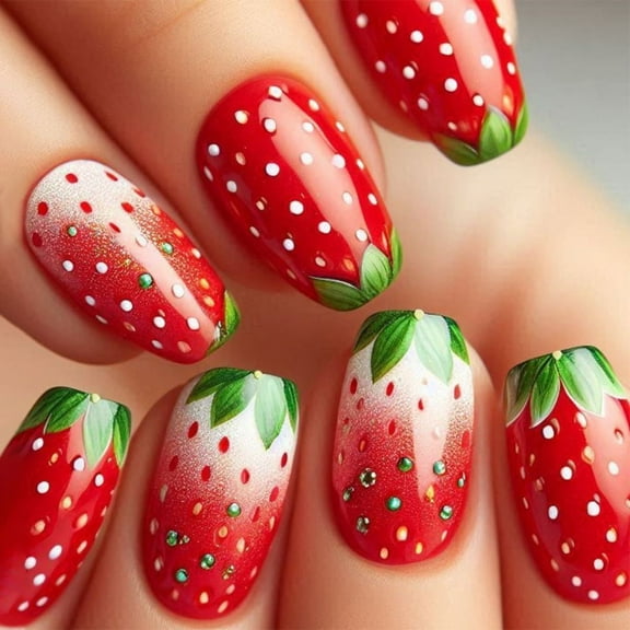 Yoyauz 24pcs French Pointed Nail Press, Short Fake Nail, Square Nail Press, Cute Strawberry Design, Charming Acrylic Nail Suitable For Girls And Ladies