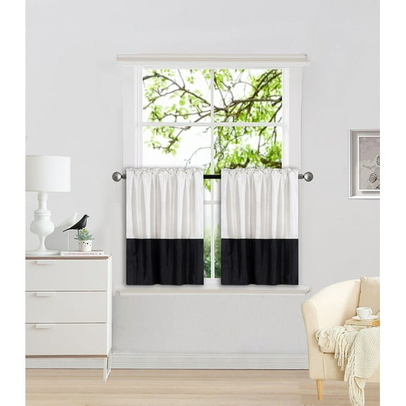 1 SET ANY CURTAIN SEMI SHEER ROD POCKET PANEL 2 TONE SOLID COLORS IVORY / BLACK CAN SEE THRU TREATMENT WINDOW KITCHEN, BATHROOM SIZE 30" WIDE X 36" LENGTH