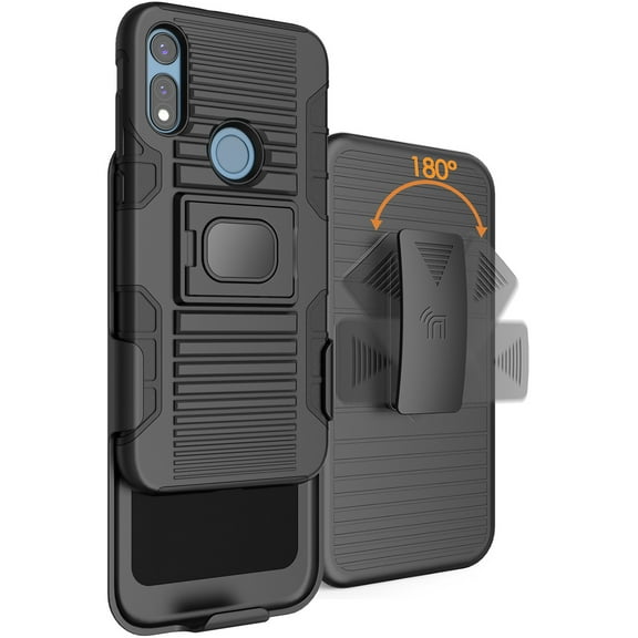 Case with Clip for Moto E 2020, Nakedcellphone Black Rugged Cover [with Finger Grip Stand]   [Built-In Mounting Plate]   [Belt Hip Holster] for Motorola Moto E (2020), aka Moto E7 (XT2052)