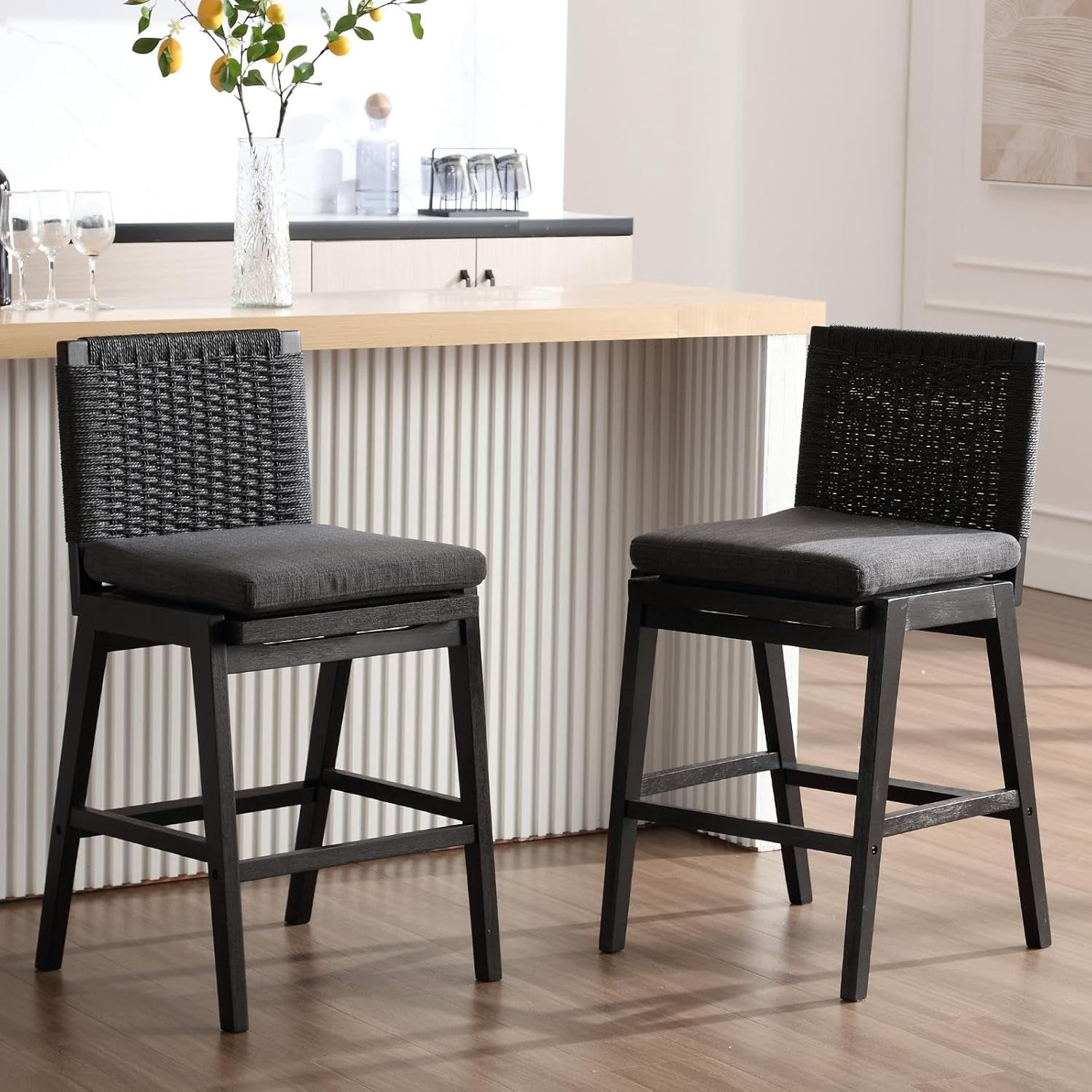 Guyou Woven Counter Height Bar Stools Set of 2, 29" Natural Wood Bar stools with Seagrass Back for Kitchen Island, Farmhouse & Coastal, Charcoal