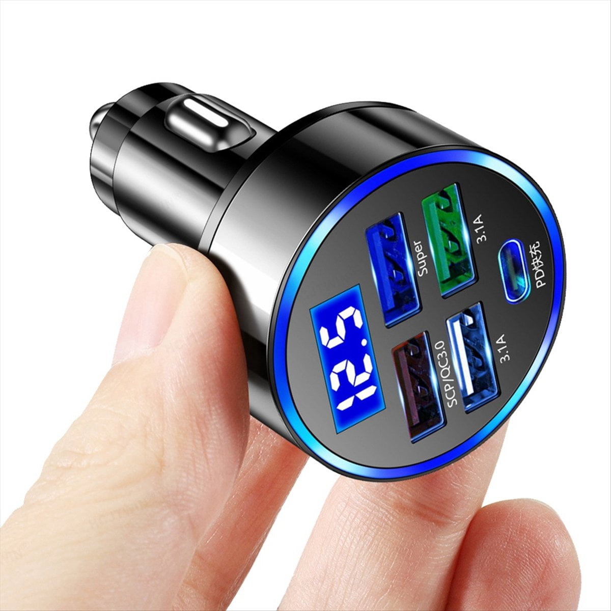 5 in 1 Car Auto Charging Plug Adapter LED Digital Display 15W Car Charger Adapter Fast Charging,1 x car charger,Black