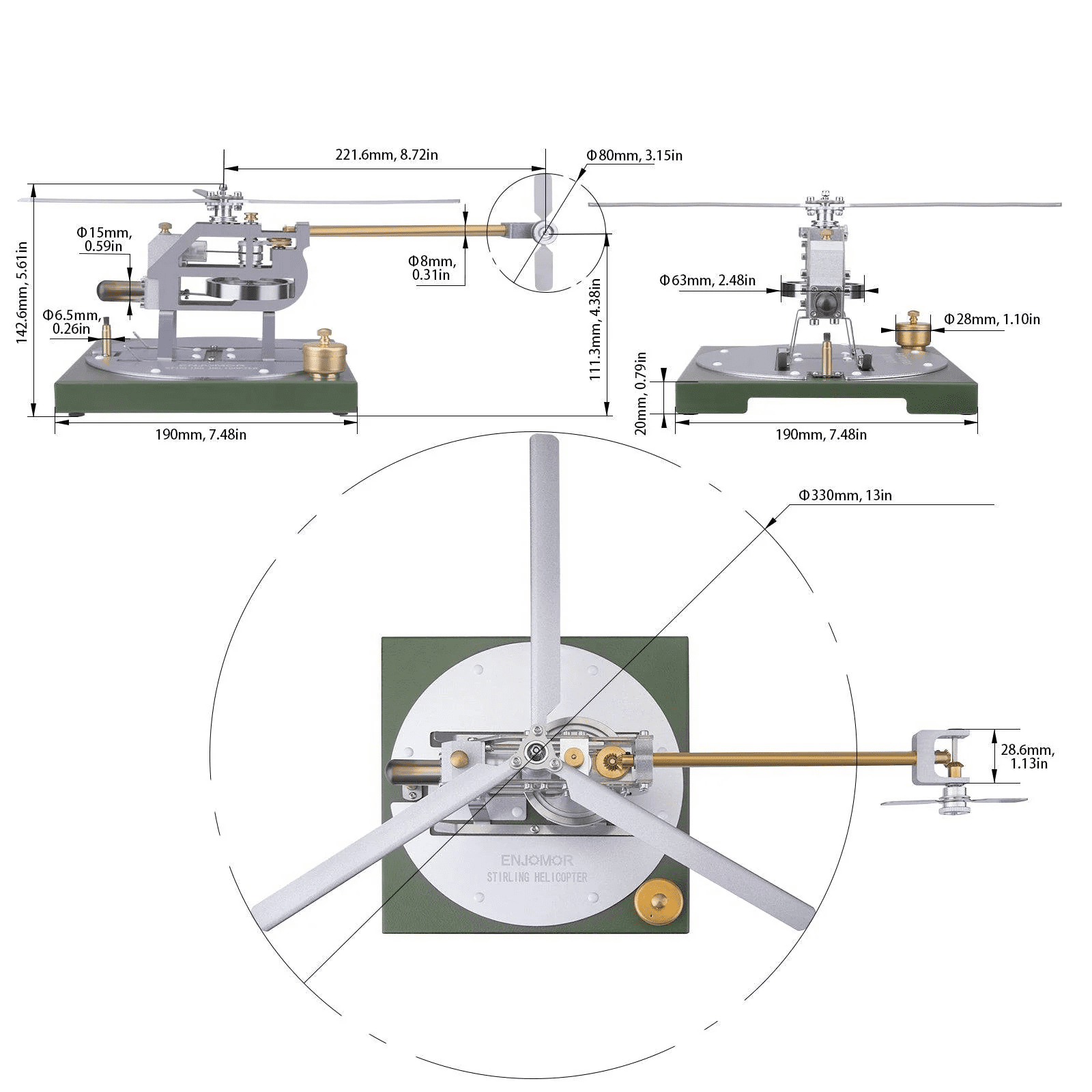 Stirling Engine Helicopter Model Kit with Base – DIY Heat Powered Hot Air Engine, Metal Aircraft Assembly Kit with Alcohol Lamp, STEM Physics Educational Model for Teens & Adults