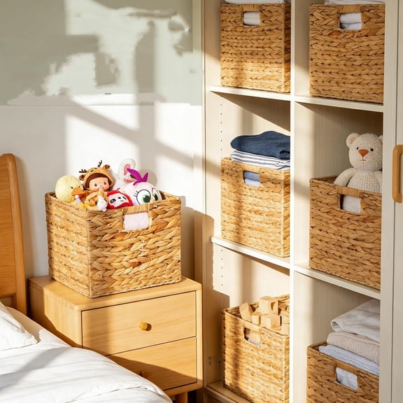 Storage Baskets 11x11inch Cube Baskets 4 pcs Baskets,Foldable Handwoven Water Hyacinth Laundry Organizer,Cube Storage Baskets