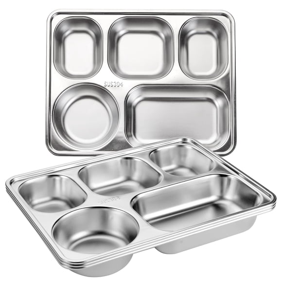 Tebery Plateau d'Assiettes Rectangulaires Divisées en Acier Inoxydable, Lot de 3, Assiettes de Souper à 5 Sections pour Adultes, Enfants, Mangeurs Difficiles, Campeurs et Contrôle des Portions