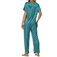 thumbnail image 3 of cheibear Women's Satin Pajamas Set Summer Outfits Short Sleeves Tops with Pants Silky Lounge Sets L Peacock Green, 3 of 5
