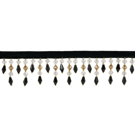 1 3/4" (4cm) Beautiful Handcrafted Diamond Beaded Fringe Trim # B40692,, Oak Pure Black #K9E20 (Pure Black, Light Brown, Tan Beige) Sold By The Yard (36"/3 ft/0.9m)