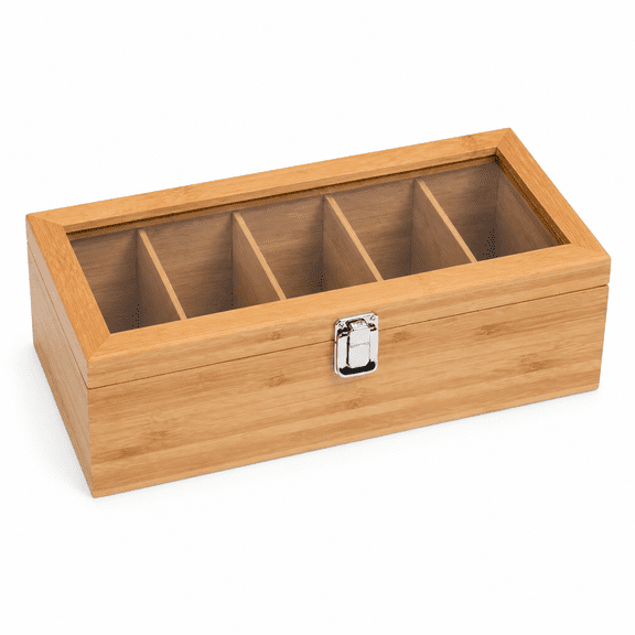 Zengdainm Bamboo Tea Bag Organizer Box with Clear Lid,5-Compartment Tea Storage for Kitchen Counter or Office, Natural Wood Holder for Tea Bags, Coffee Pods & Small Items