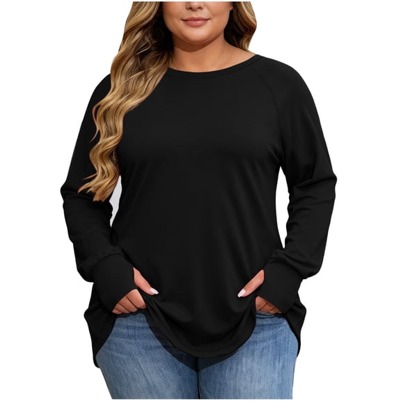 Horkkom Plus Size Tops Long Sleeve Pullover Crew Neck T Shirts for Women Casual Soft Tops Thumb Holes L