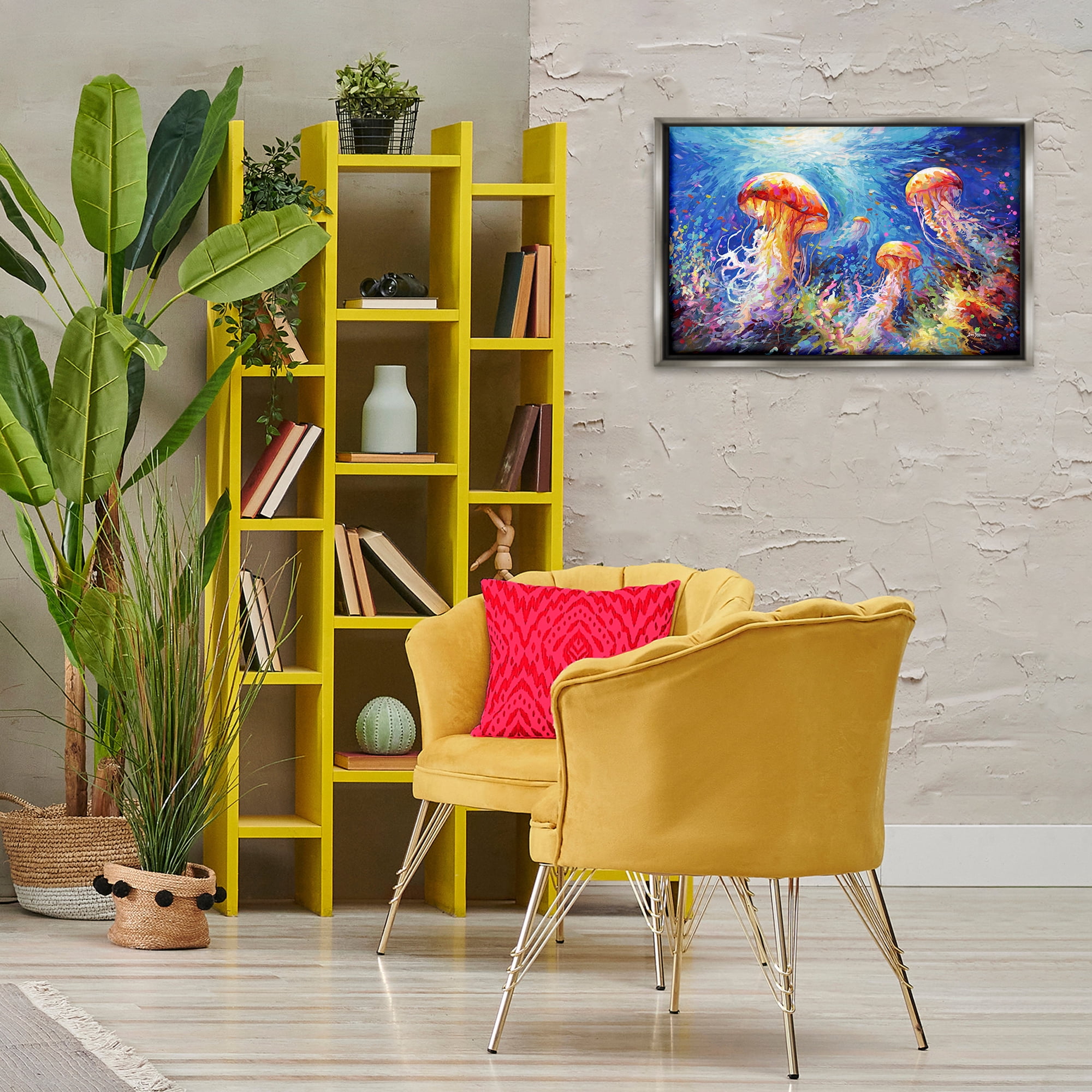 Stupell Industries Jellyfish Serenade Underwater Animals & Insects Painting Gray Floater Framed Canvas Art Print Wall Art, 25 x 17
