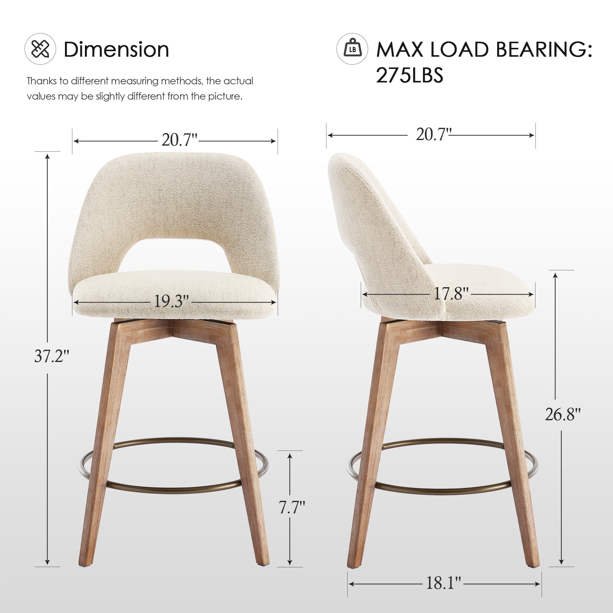 Zesthouse 26.8" Swivel Bar Stools Set of 2, Linen Upholstered Counter Height Stools with Open Back and Brushed Wooden Legs, Mid Century Barstools Kitchen Bar Chairs for 36"-39" Countertop, Beige