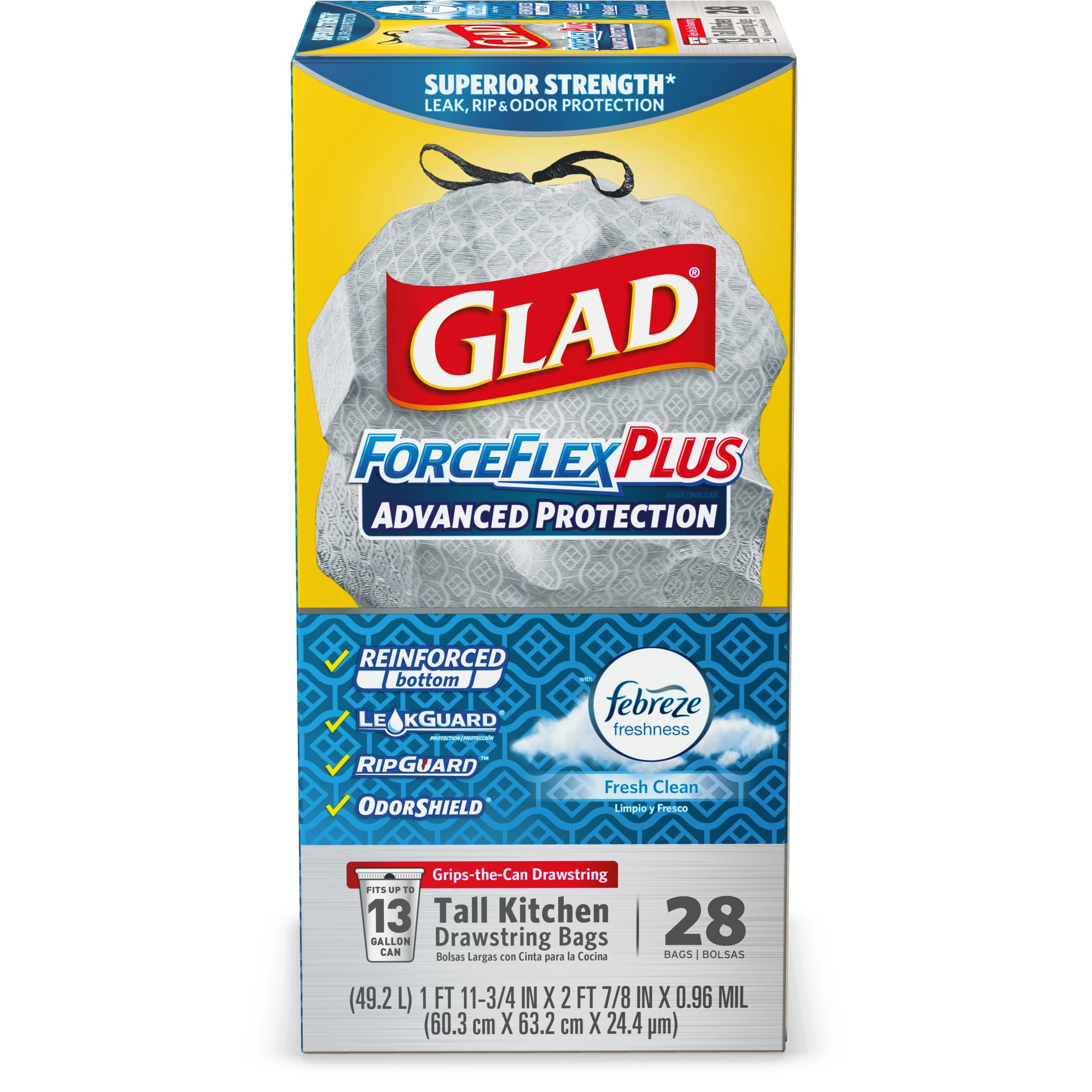Glad Tall Kitchen Trash Bags, 13 Gallon, 28 Bags (ForceFlexPlus, Fresh Clean)