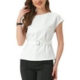 thumbnail image 1 of INSPIRAR CHIC Blusa Elegante de Manga Corta para Mujeres con Cuello Barco, Tops de Peplum con Cinturón para Oficina, L Blanco, 1 of 6