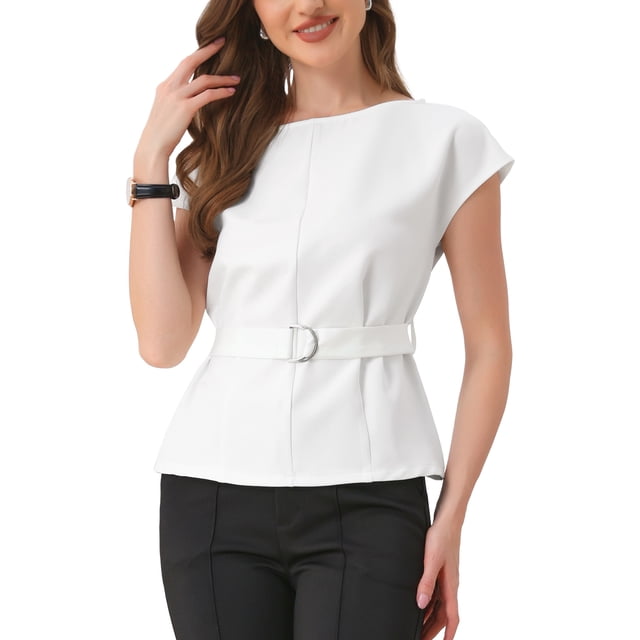 INSPIRAR CHIC Blusa Elegante de Manga Corta para Mujeres con Cuello Barco, Tops de Peplum con Cinturón para Oficina, L Blanco