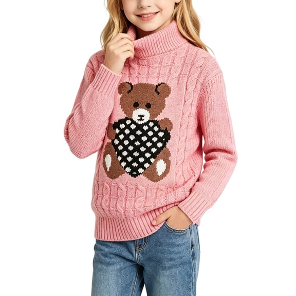 Girls Turtleneck Sweater Cute Bear Cable Knit Sweaters Pullover Warm Long Sleeve Shirts Fall Winter Clothes Pink, 3 Y