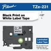 Brother Genuine P-Touch TZE-231 Standard Laminated Black on White Label Tape, 0.47" (12mm) W x 26.2' (8m)