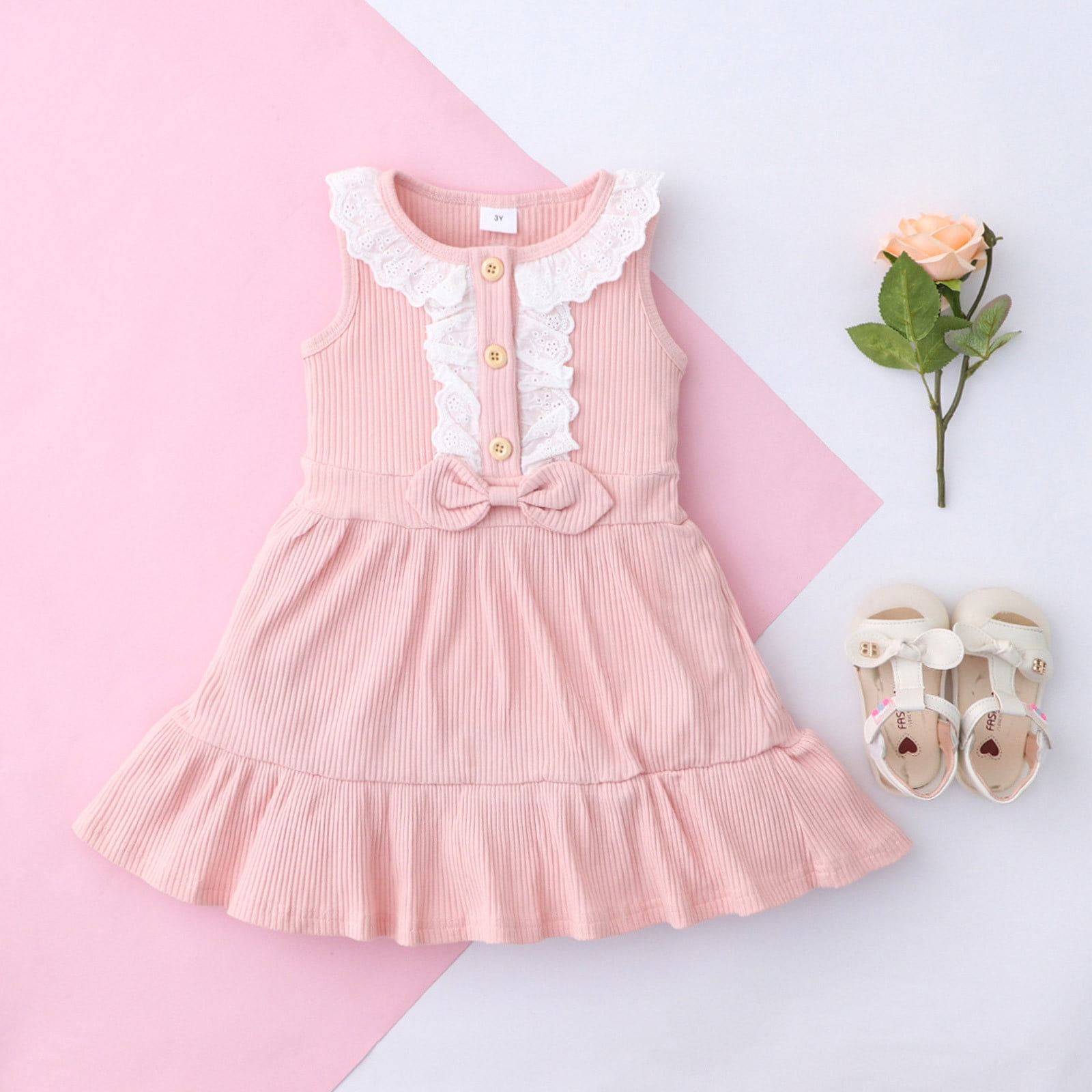 Xihbxyly Toddler Kids Baby Girls Lace Ribbed Sleeveless Bowtie Princess One piece Dress Deals Of The Day Clearance Walmart