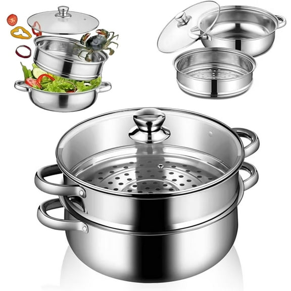 LEYEET Multipurpose 11-Inch 2-Tier Stainless Steel Steamer Pot with Lid for Cooking Vegetables, Dumplings, Stocks, Sauces,  Food Cooker Pot Dim Sum Cookware Steamer