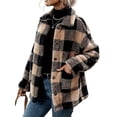 thumbnail image 3 of Women Winter Button Front Plaid Pattern Double Pocket Drop Shoulder Flannel Coat Long Sleeve Jacket Outwear Black XL, 3 of 8