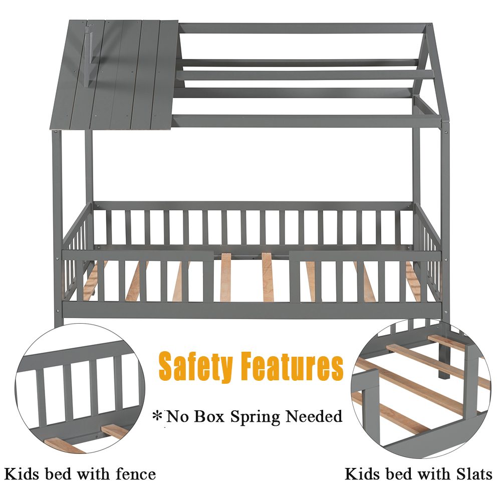 Bellemave Twin House Bed, Twin Size Wood Bed Frame with Roof and Fence, Montessori Beds Frame, No Box Spring Needed (Gray)
