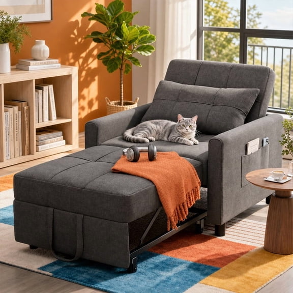 3-in-1 Convertible Chair Bed Sleeper - Plush Accent Chair to Lounger to Single Bed, Space-Saving Folding Chair with Breathable Linen Fabric & Metal Frame for Apartment, Dorm, RV, Dark Gray