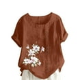 thumbnail image 2 of Socisucc Plus Size Cotton Linen Blouse for Women Casual Floral Printed Button Down Tee Shirts Women's Summer Casual Round Neck Short Sleeve Flower Printing Loose Shirt Tops, 2 of 4