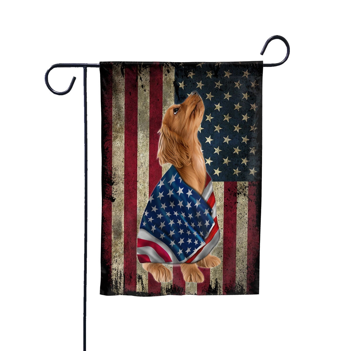 American Flag with Cocker Spaniel Dog stand under the cross Patriot Patriotic 4th of july Garden Flag, Double-Sided Decorative Outdoor Flag, Patriotic Polyester Yard Flag 12 x 18 in