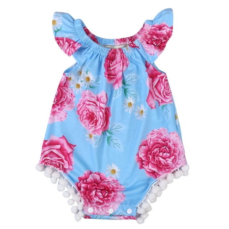 

Baby Girls Summer Sleeveless Romper Flare Sleeve Plush Ball Floral Jumpsuit