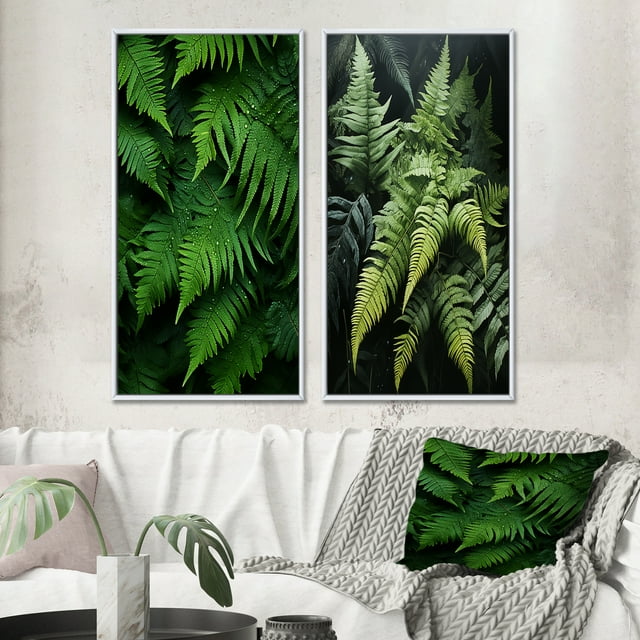 Designart "Enchantment with Ferns I" Ferns Framed Wall Art Set Of 2 - Green Floral Frame Gallery Set For Office Decor