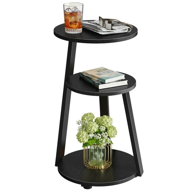 Biemlerfn Table d'Appoint, Table de Canapé Ronde avec Cadre en Métal, Table Basse à 3 Niveaux Table de Nuit pour la Maison, Noir