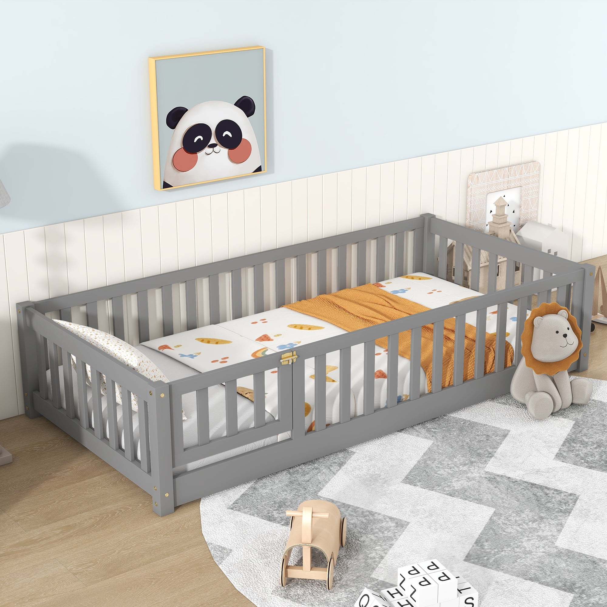 PAPROOS Twin Montessor Floor Bed, Solid Wood Toddler Bed with Safety Guardrail and Door, Easy Assembly, Low-to-Floor Bed Frame with Slats for Kids, Gray
