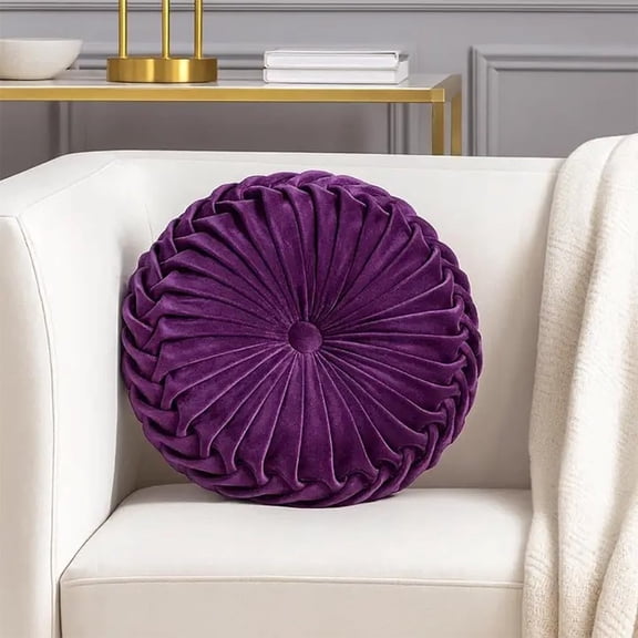 Fennco Styles Plum Velvet Pintucked Filled Throw Pillow 15" Round - Luxurious Decorative Accent Cushion for Home, Living Room, Bedroom and Holiday Décor