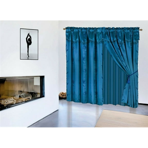 2 Panels Window Curtain Nada Turquoise 60 Inches Wide X 84 Inches Length includes 2 Valance And 2 Sheer 2 Backing And 2 Tassels Silk Shiny Curtain Rod Pocket