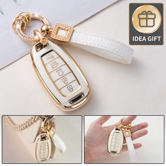 Premium Genuine Leather Key Fob Cover with Lanyard for Hyundai Elantra GT Sport Santa Fe Palisade Kona Smart Remote – Secure Fit Protective Case