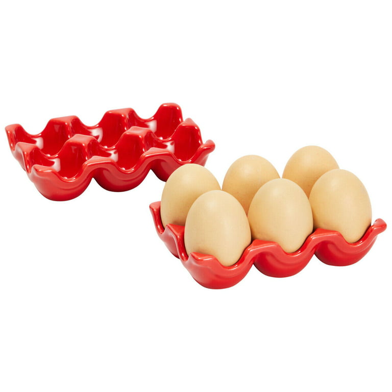 2 Pack Red Ceramic Half Dozen 6 Egg Tray Holder for Countertop,  Refrigerator 
