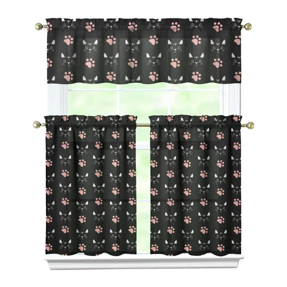 Kitchen Curtains 36 Inch Short - 3 Panel Set with Cute Cat Paw Pattern, Rod Pocket Window Curtain, 100% Polyester for Pet Lovers Farmhouse, Cafe, Kitchen, Bedroom, Easy Wash
