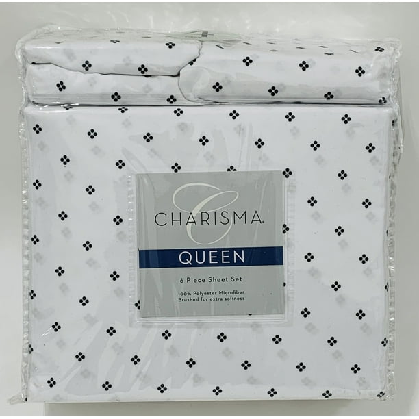 Charisma 6 Piece Microfiber Sheet Set, White/Black Dots Queen