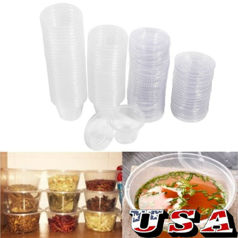 Walfront 1 oz Disposable Cups with Lids, 50 Pieces Plastic Clear Chutney Sauce Cups Food Takeaway Hot Souffle Portion Container Cups, White