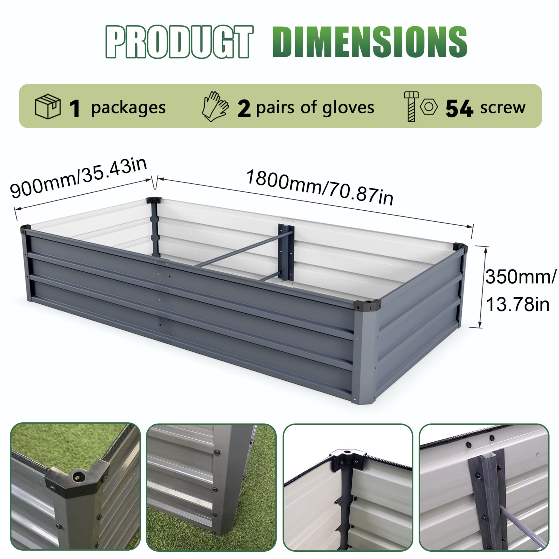 Noble House 6 x 3 x 1 FT Galvanized Raised Garden Bed, Rectangular Metal Planter Box, Gray