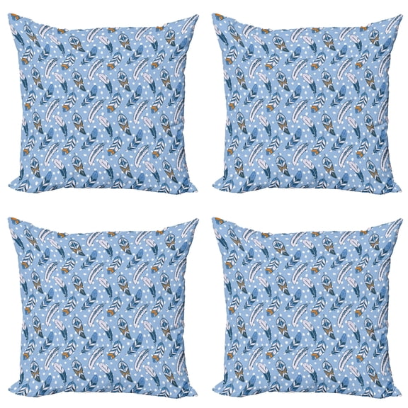 Ambesonne Modern Throw Pillow Cover 4 Pack, Romantic Leaves Ethnic, 18", Pale Blue White Amber