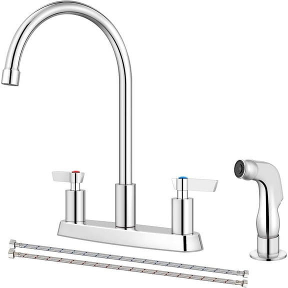 Kitchen Faucet with Sprayer 2 Handle Kitchen Sink Faucets 8 Inch Centerset 3 Hole with Supply Lines Polish Chrome