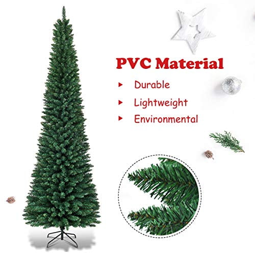 GOFLAME 7 FT Pencil Slim Christmas Tree, Artificial Christmas Tree with Foldable Metal Stand and PVC Material, Perfect Holiday Decoration for Home and Office, Green