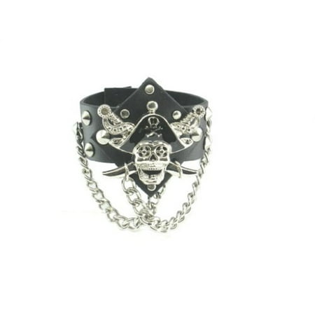 Pirate Skull Ghost Black Leather Heavily Metal Style Wristband Bracelet Cuff