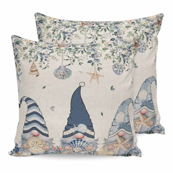 26x26 Pillow Covers Set of 2, Blue Gnomes Coastal Square Throw Pillow Covers for Couch/Sofa/Living Room, Summer Beach Eucalyptus Leaves Rustic Decorative Soft Pillowcases for Couch Throw Pillows